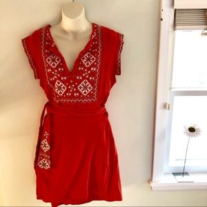 Free People Coral Red Tie Waist Aztec Dress